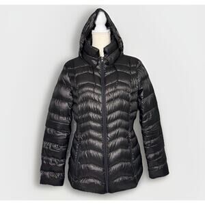 Packable Women’s Large Black Premium Duck Down Jacket Hood Lightweight Quilted